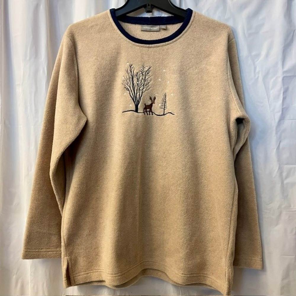 Vintage Croft & Barrow Fleece Pullover Deer Winter Embroidery Cabin Sweatshirt L